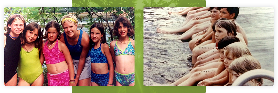 Two photographs side by side; on the left a line of young girls in bathing suits posing and smiling. On the right an older photo of a group of children sitting on the edge of a dock in the water.